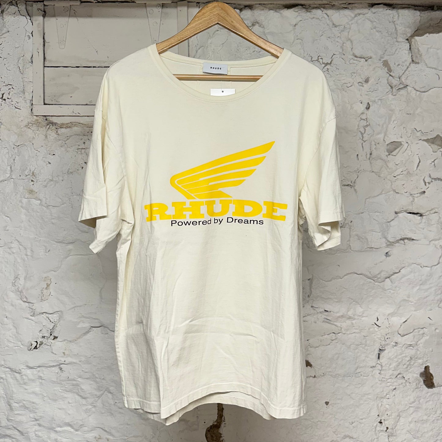 Rhude Dreams Yellow Logo Cream T-Shirt Sz M