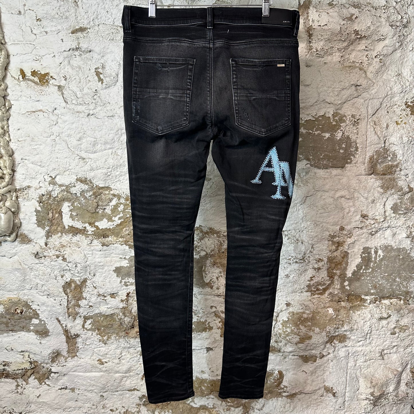 Amiri Blue Crystal Stagger Black Denim Jeans Sz 34