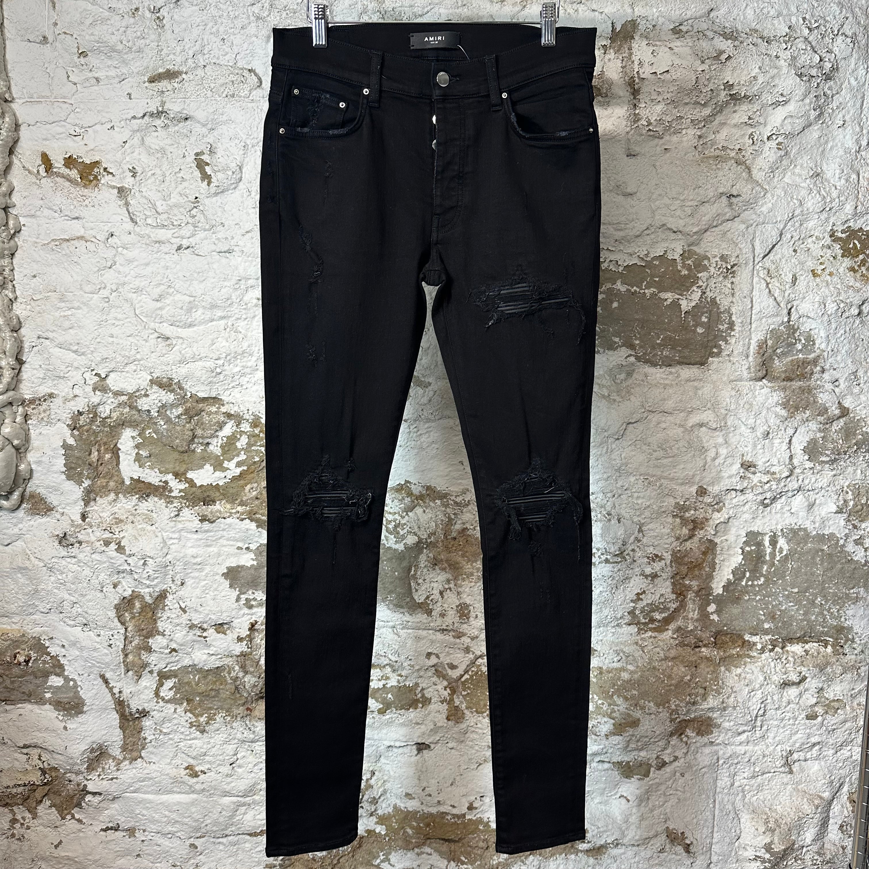 Amiri MX1 Black Leather Black Denim Jean Sz 32