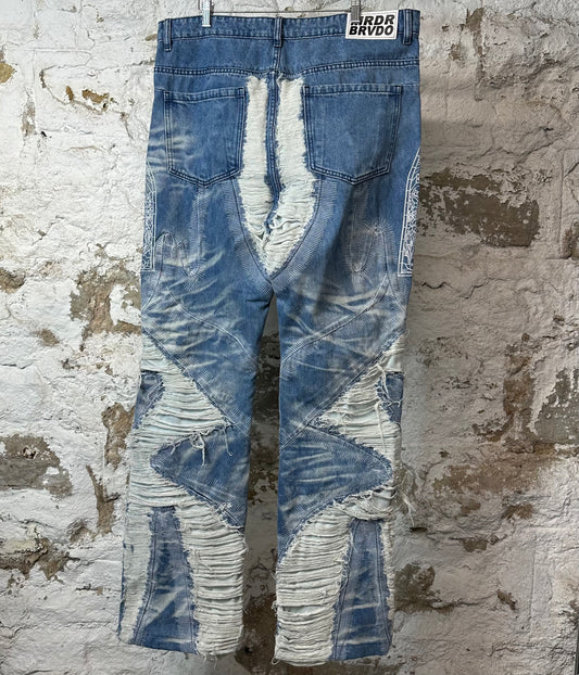 Who Decides War Sky Path Stained Glass Blue Denim Jeans Sz 36