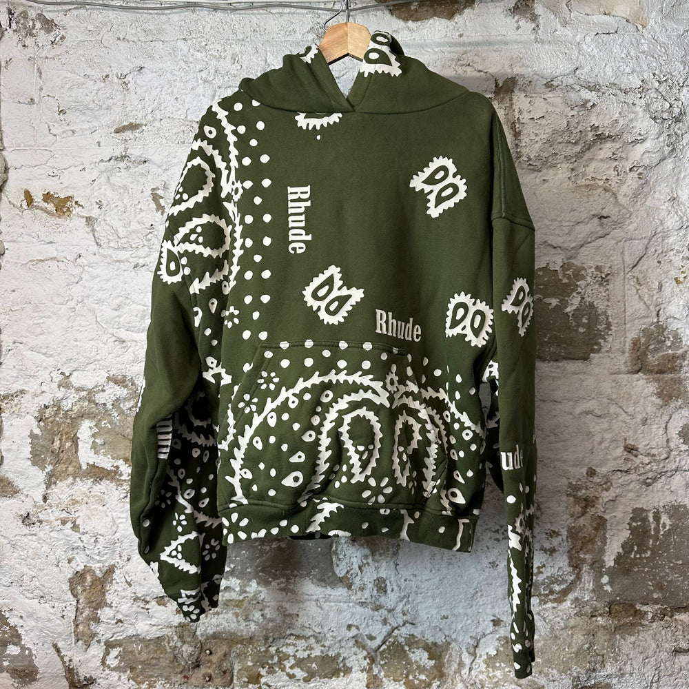 Rhude White Paisley Olive Green Hoodie Sz L