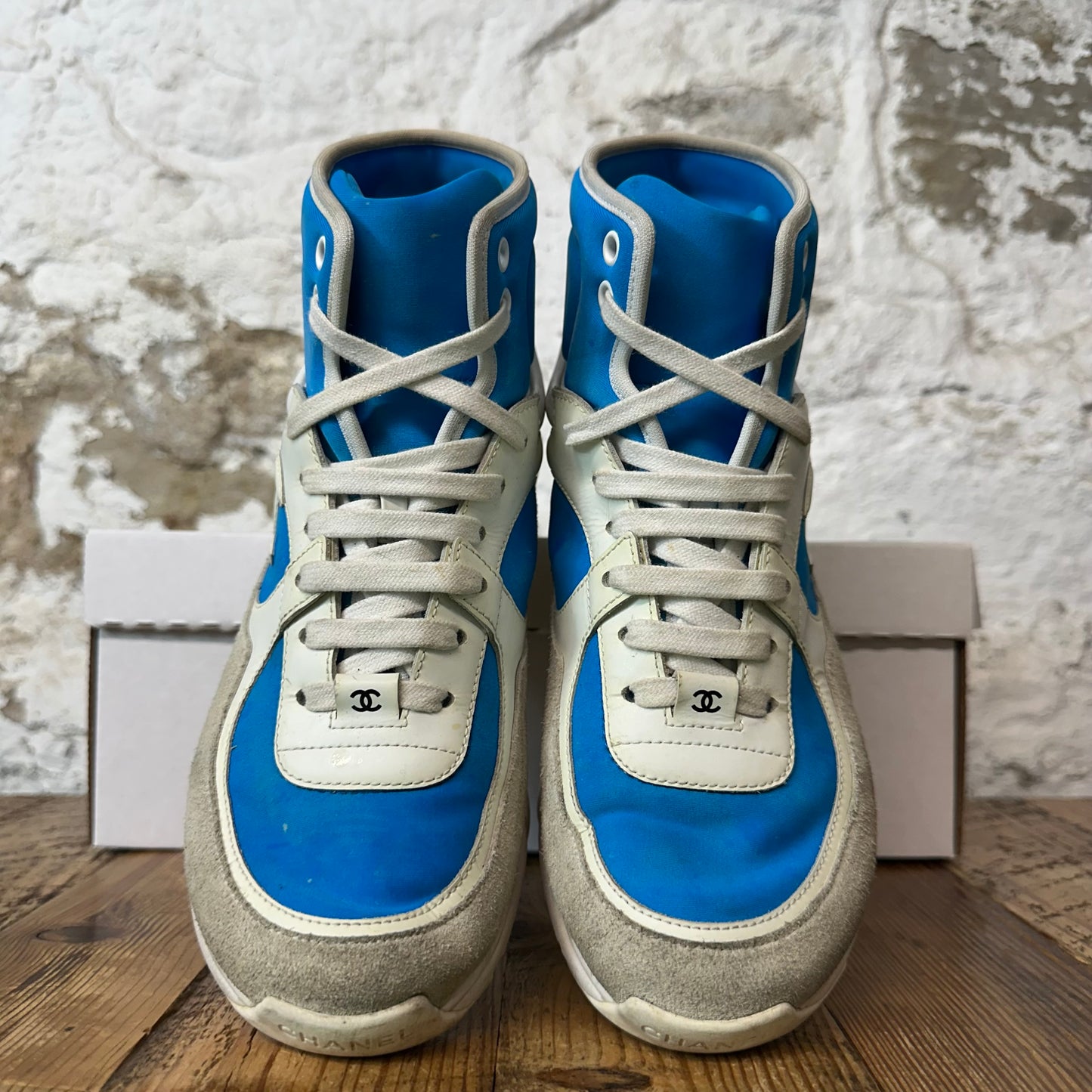 Chanel High Blue White Trainer Sneaker Sz 5.5 (37.5)
