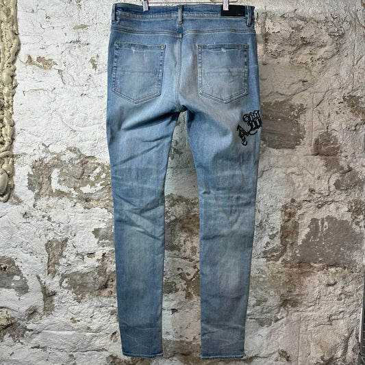 Amiri Black Old English Spell Blue Denim Jeans Sz 36