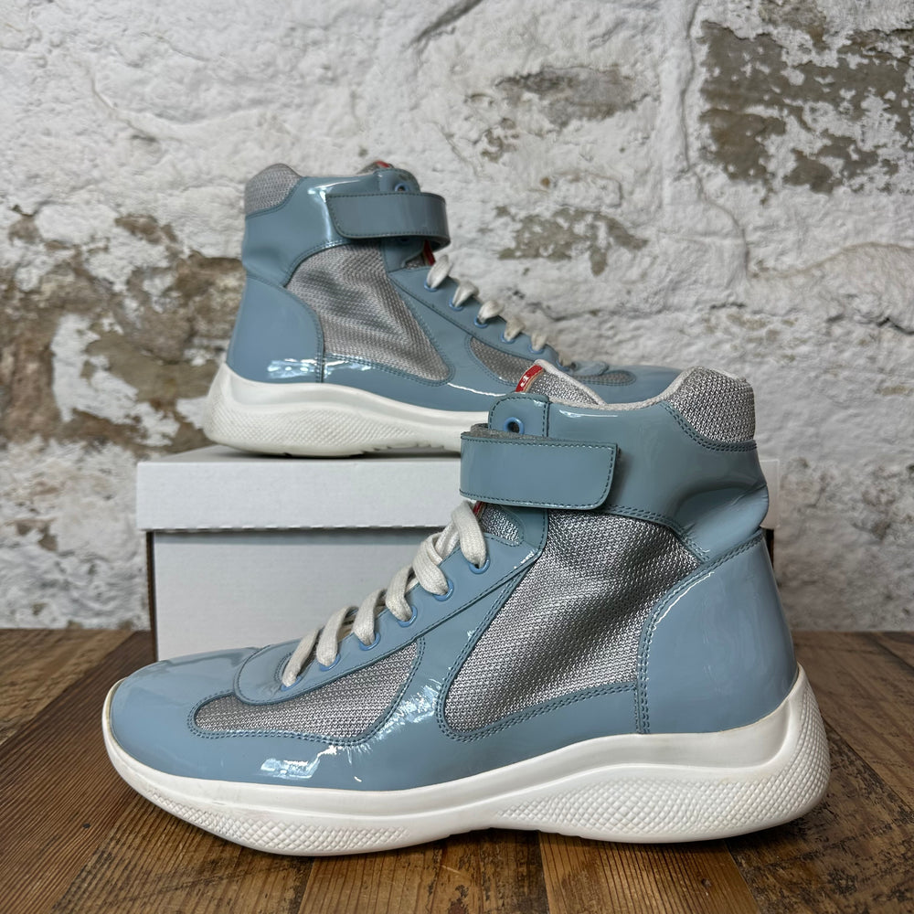 Prada Americas Cup High Baby Blue Patent White Sneaker Sz 9.5 No Box