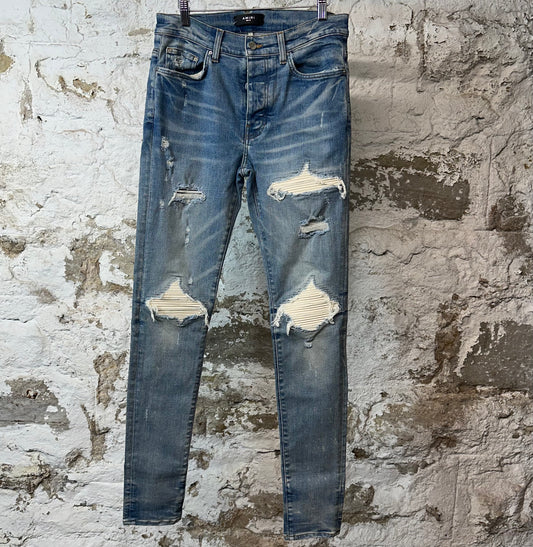 Amiri MX1 Cream Suede Blue Denim Jeans Sz 32