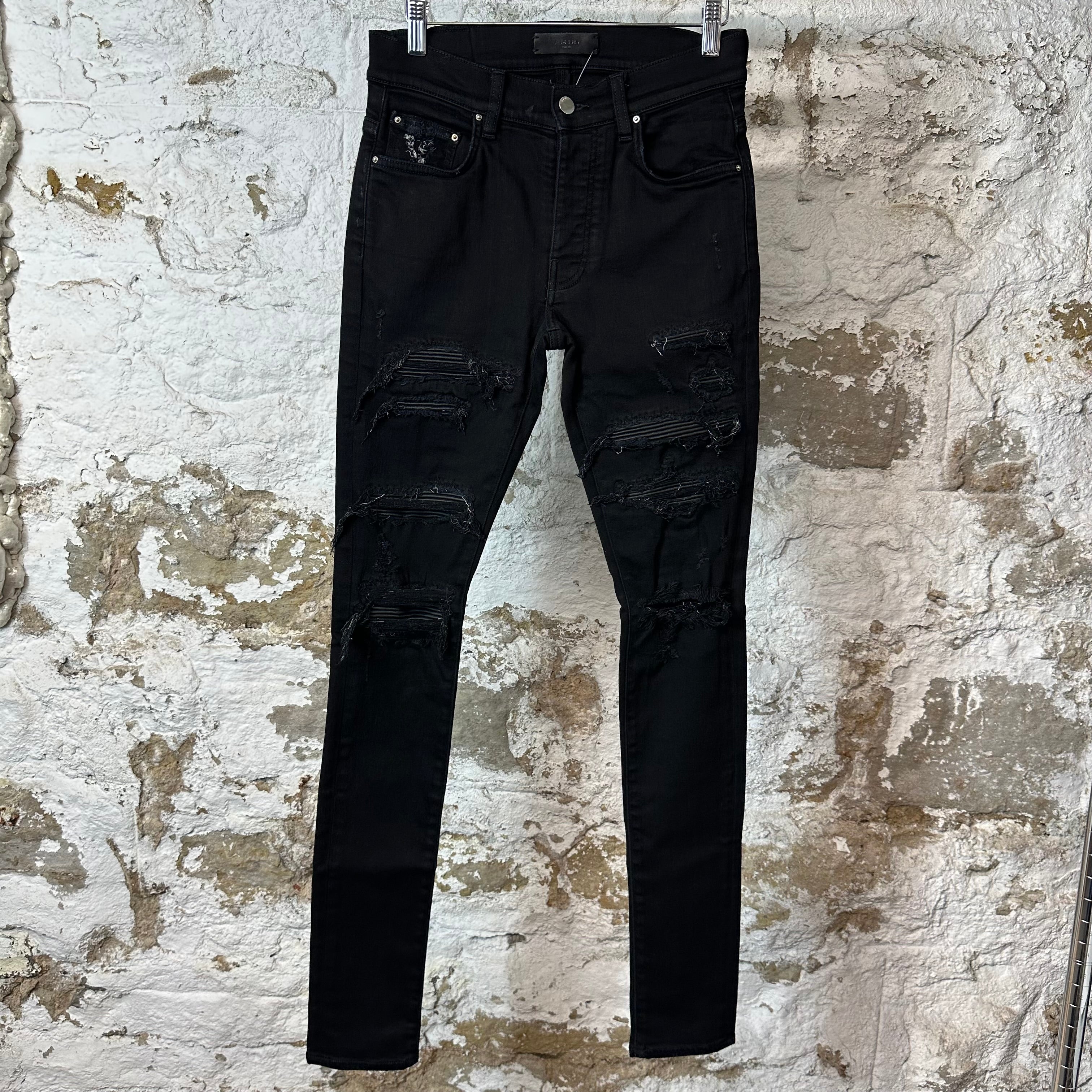 Amiri MX1 Black Leather Thrasher Black Denim Jeans Sz 29