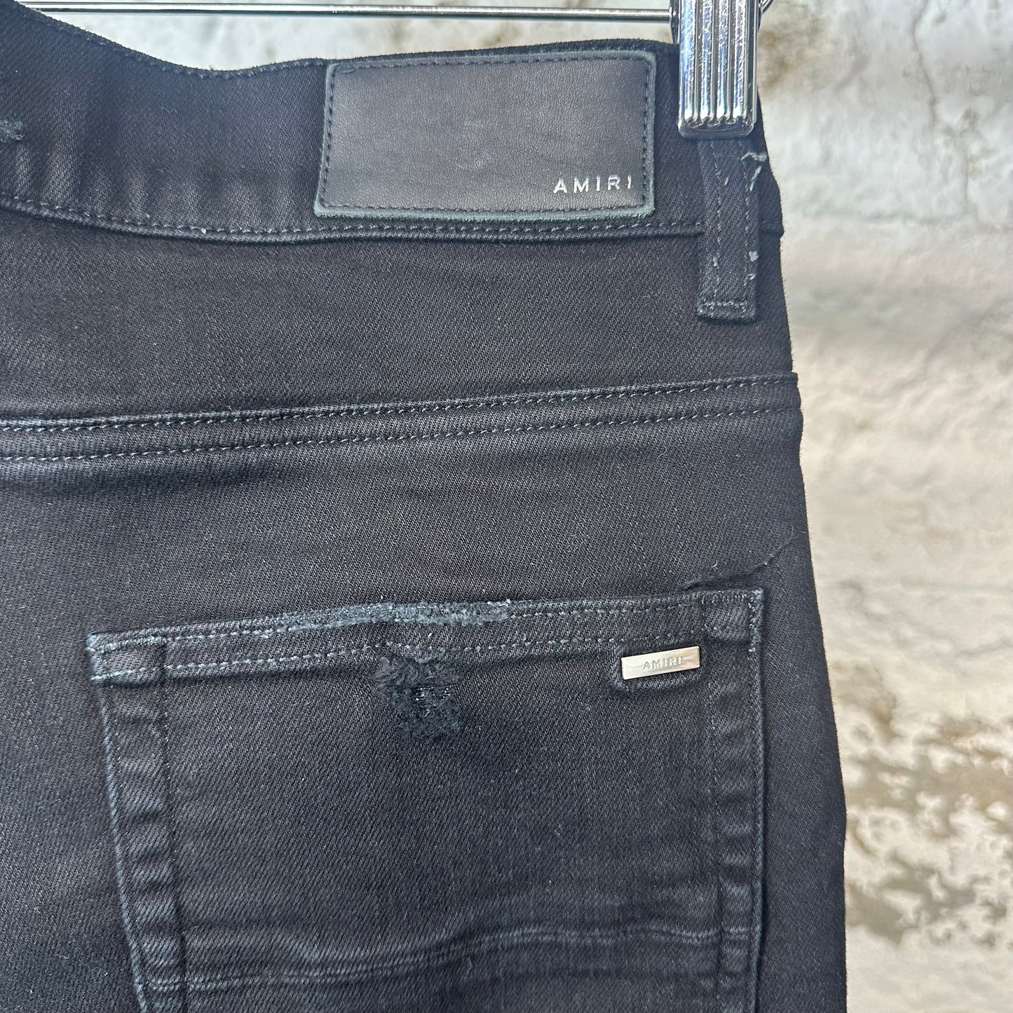 Amiri MX1 Black Leather Black Denim Jeans Sz 31