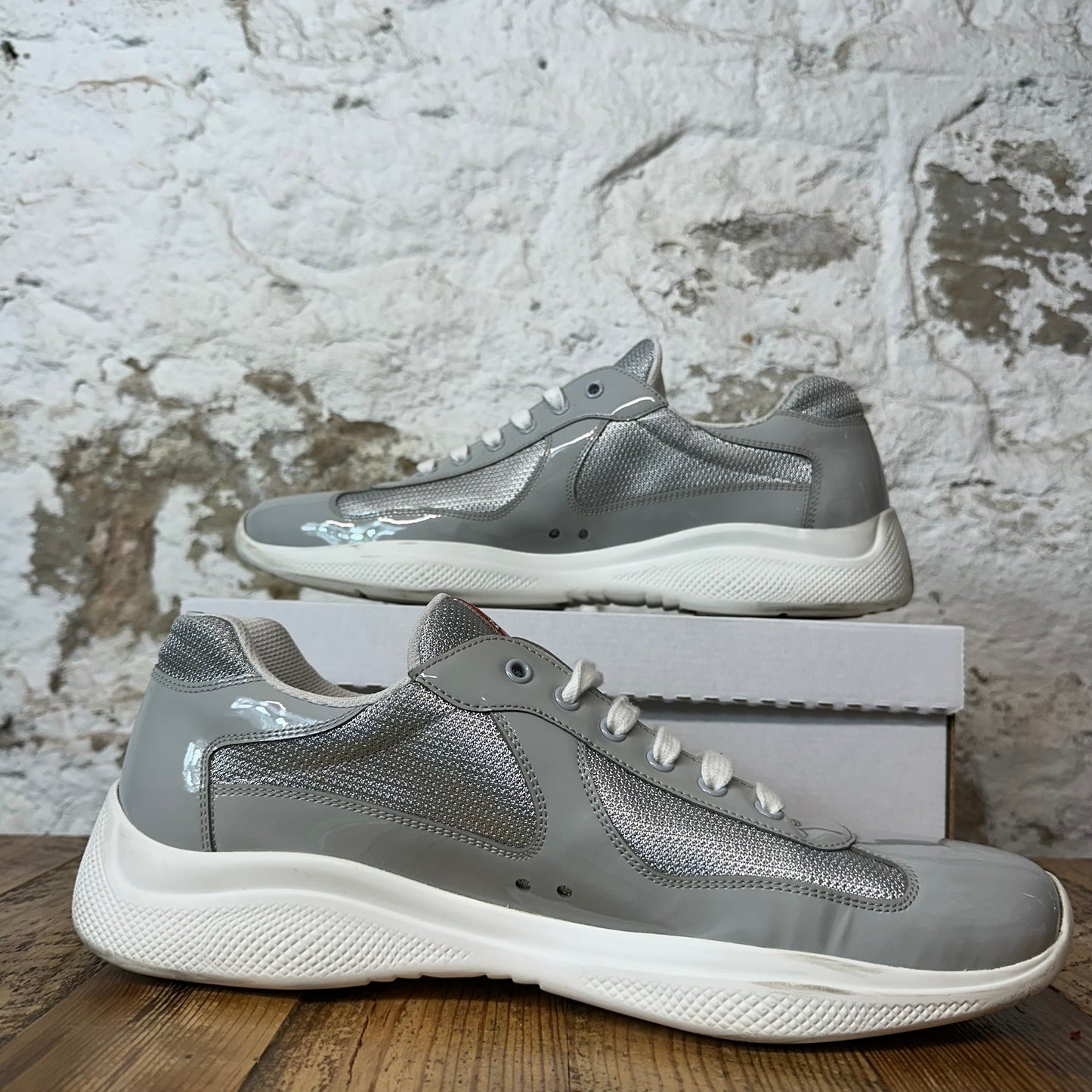 Prada Americas Cup Grey Patent White Sneaker Sz 13