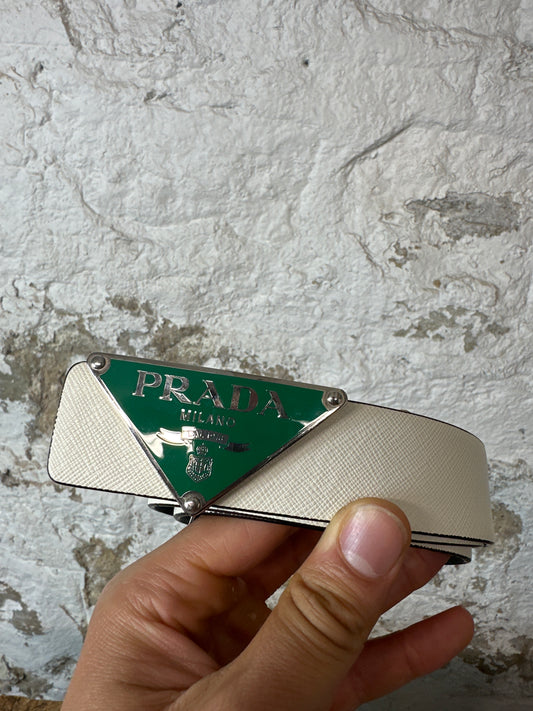 Prada Green Buckle White Belt Sz (40/100)