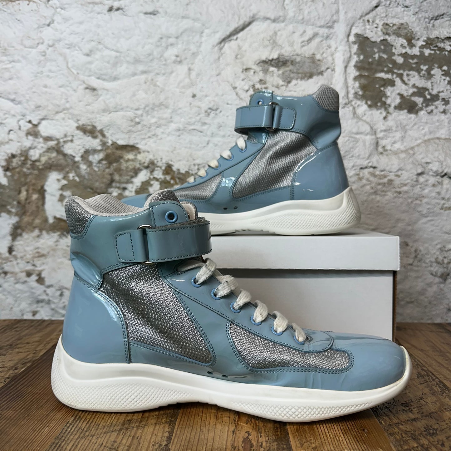 Prada Americas Cup High Baby Blue Patent White Sneaker Sz 9.5 No Box