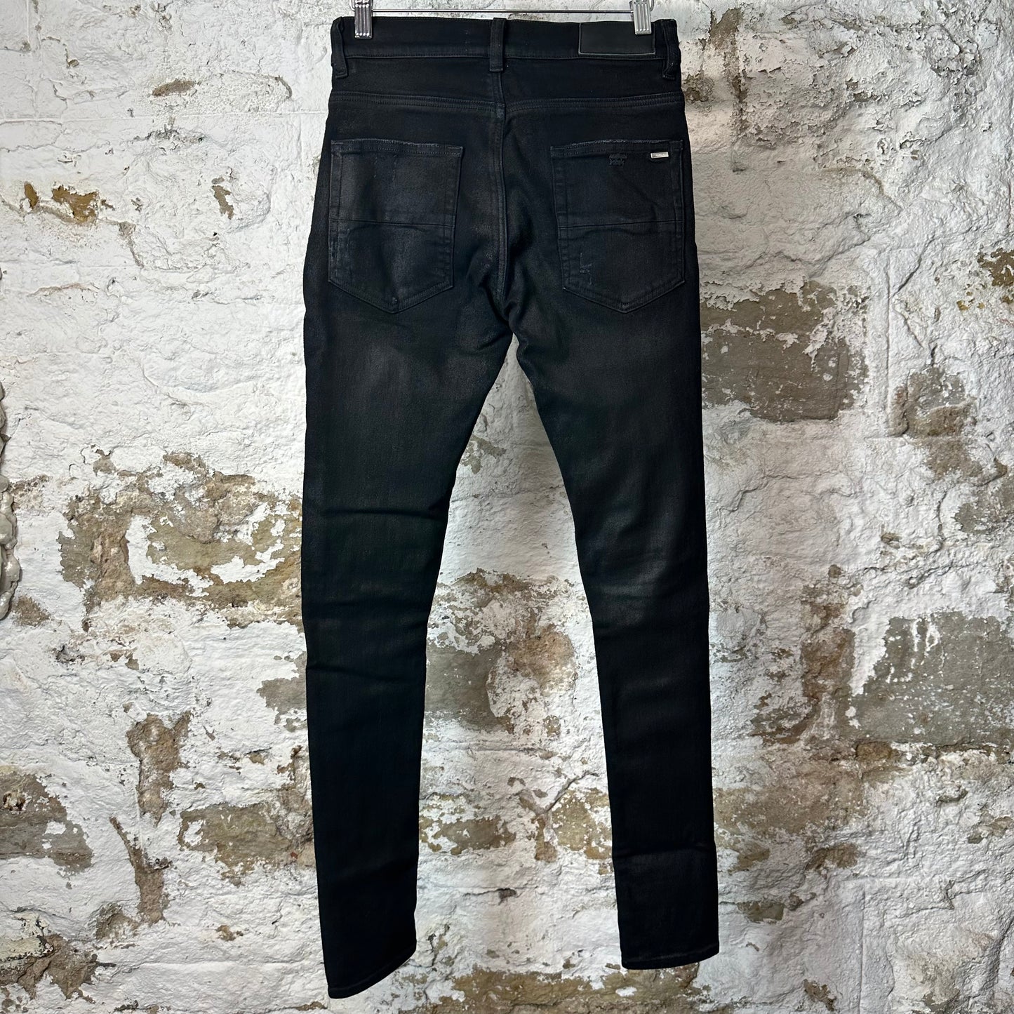 Amiri MX1 Black Leather Black Waxed Denim Jeans Sz 28