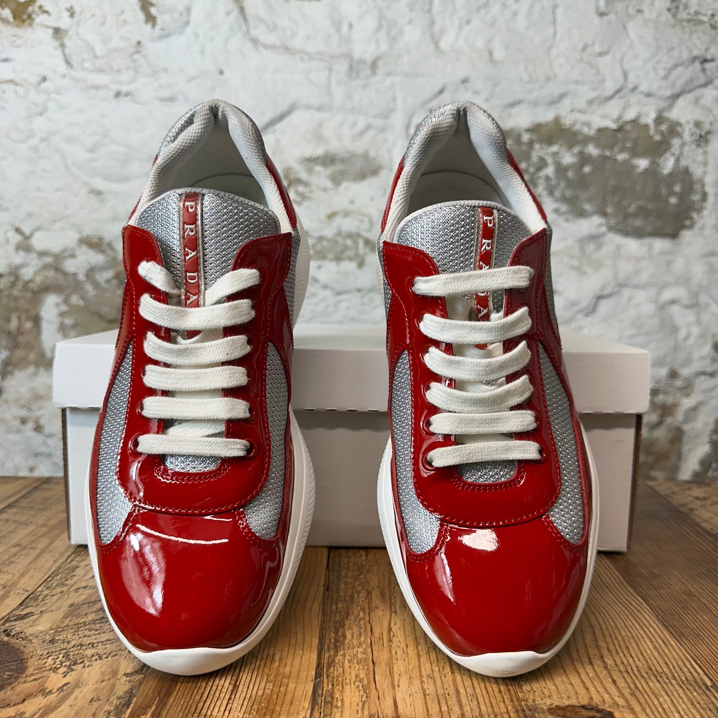 Prada Americas Cup Red Patent Grey White Sneaker Sz 8