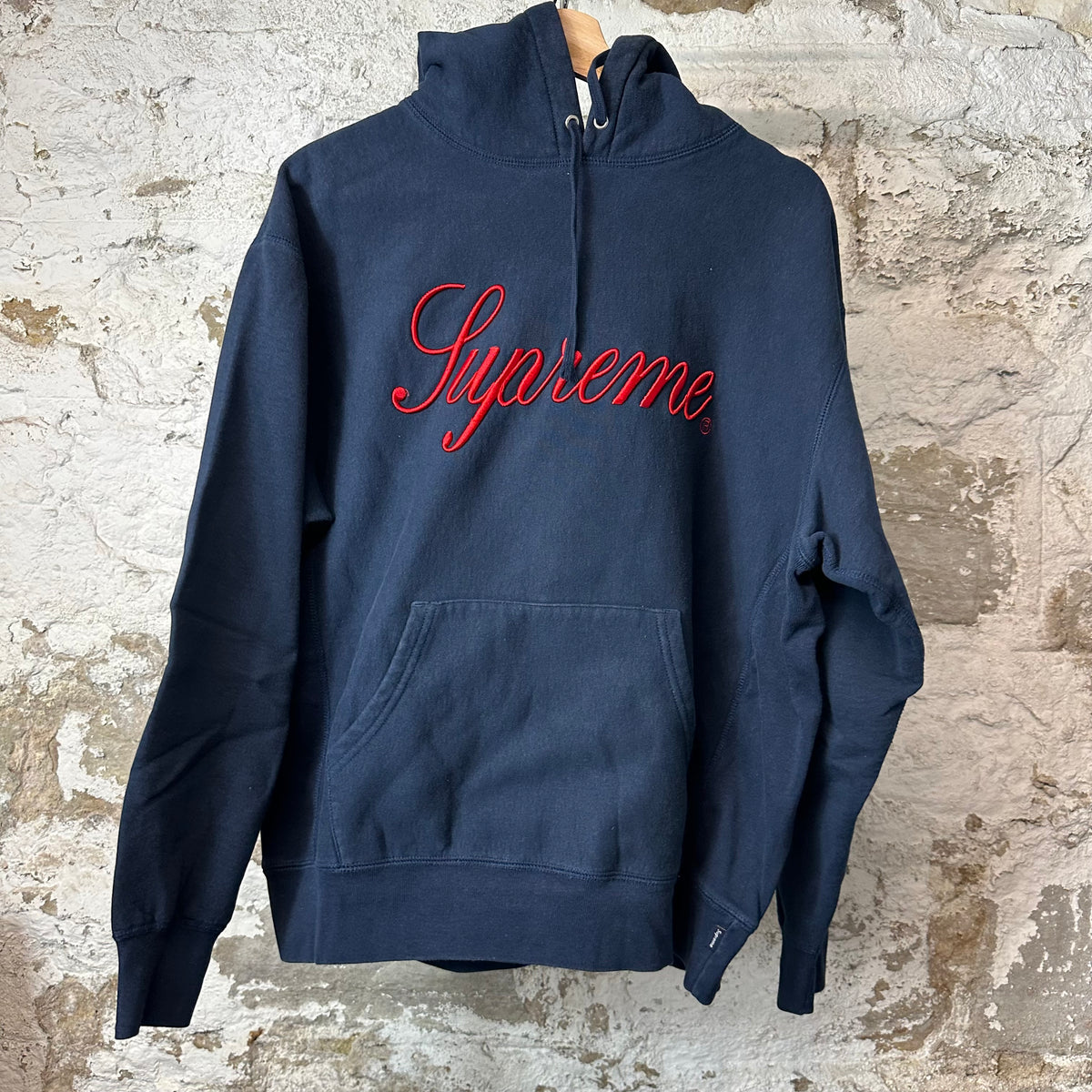Supreme Red Cursive Spell Navy Hoodie Sz M