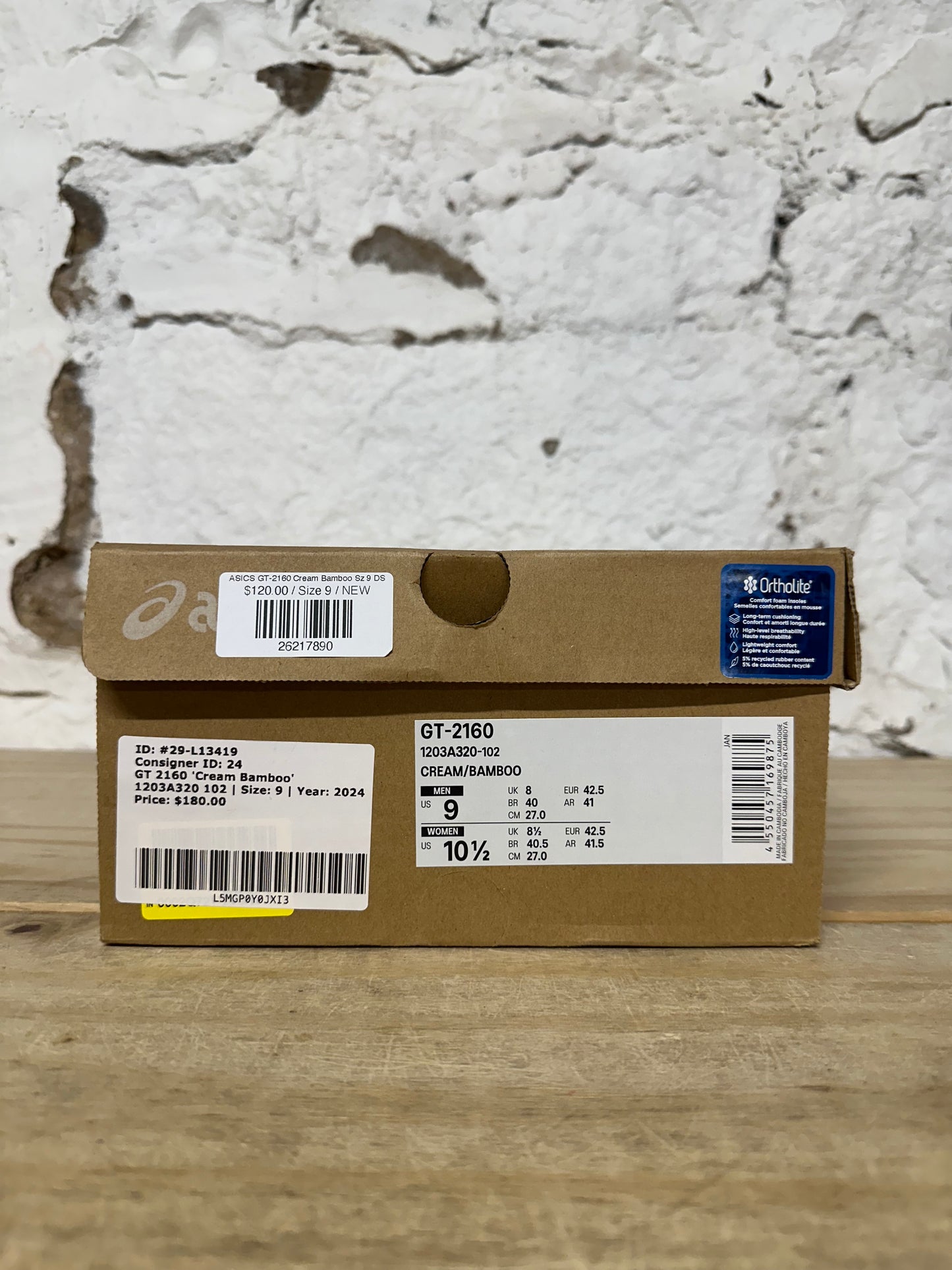 Asics GT-2160 Cream Bamboo Sz 9 DS