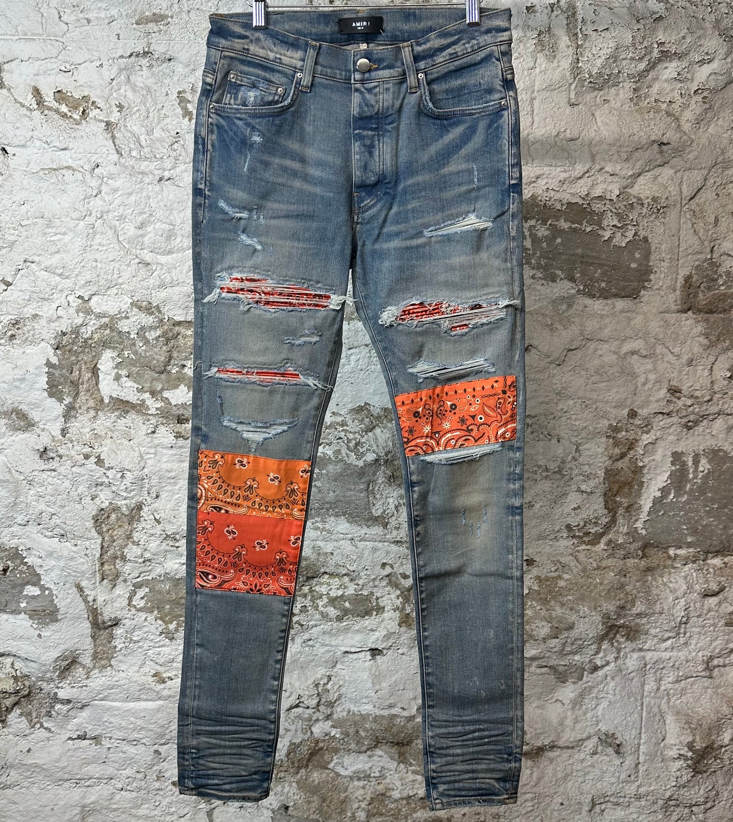 Amiri MX1 Orange Art Patch Blue Denim Jeans