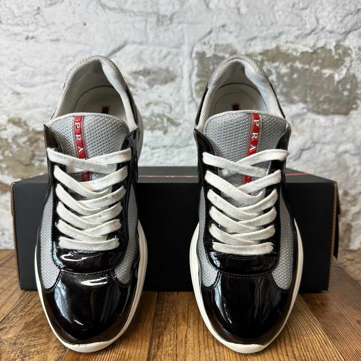Prada Americas Cup Black Patent Grey White Sneaker Sz 8