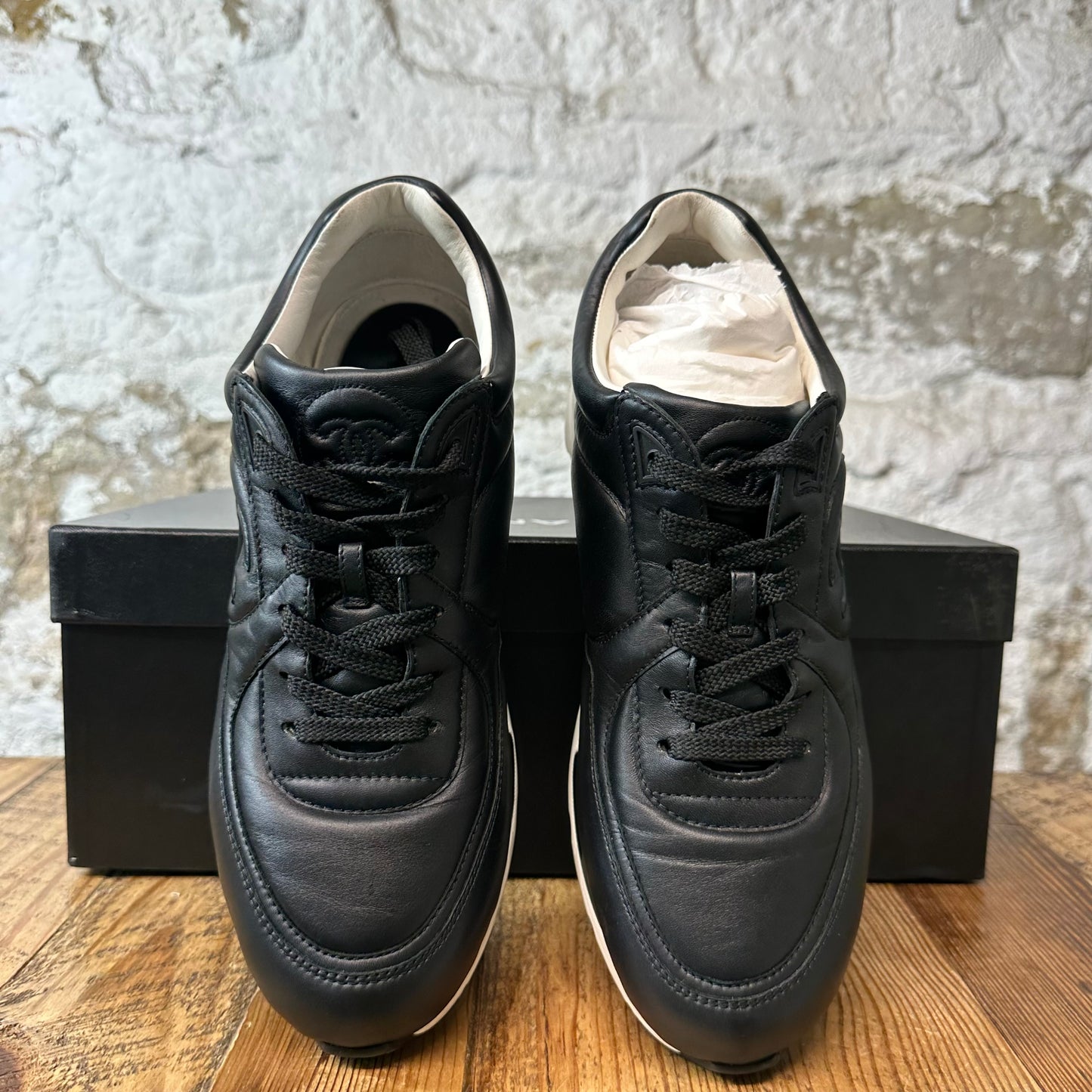 Chanel CC Triple Black Leather White Trainer Sneaker Sz 9 (42)