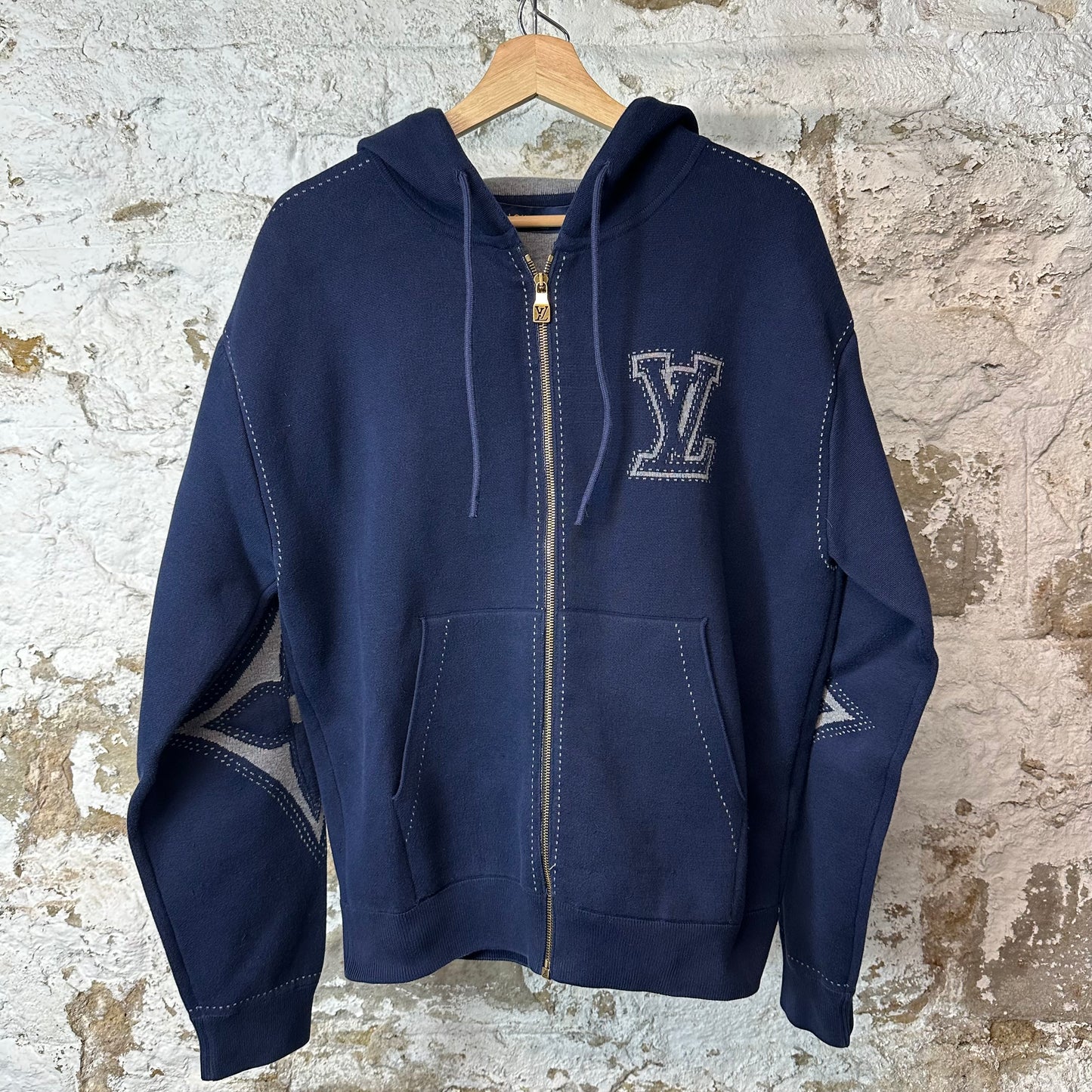 Louis Vuitton Intarsia Navy Zip Up Hoodie Sz L