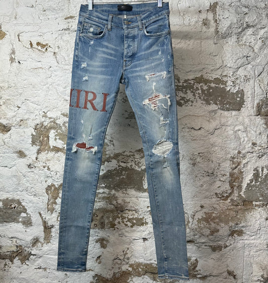 Amiri Brown Leather Spell Blue Denim Jeans Sz 28