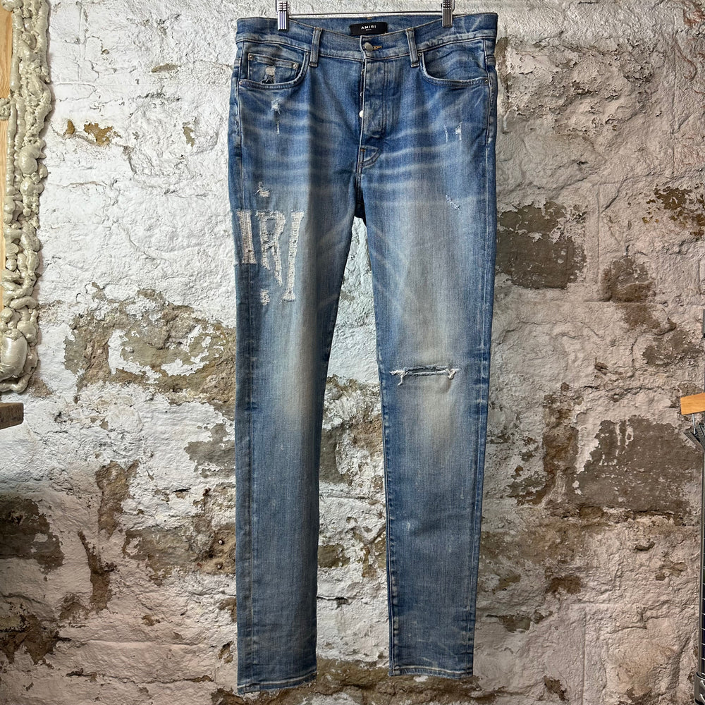 Amiri Distressed Side Spell Blue Denim Jeans Sz 34