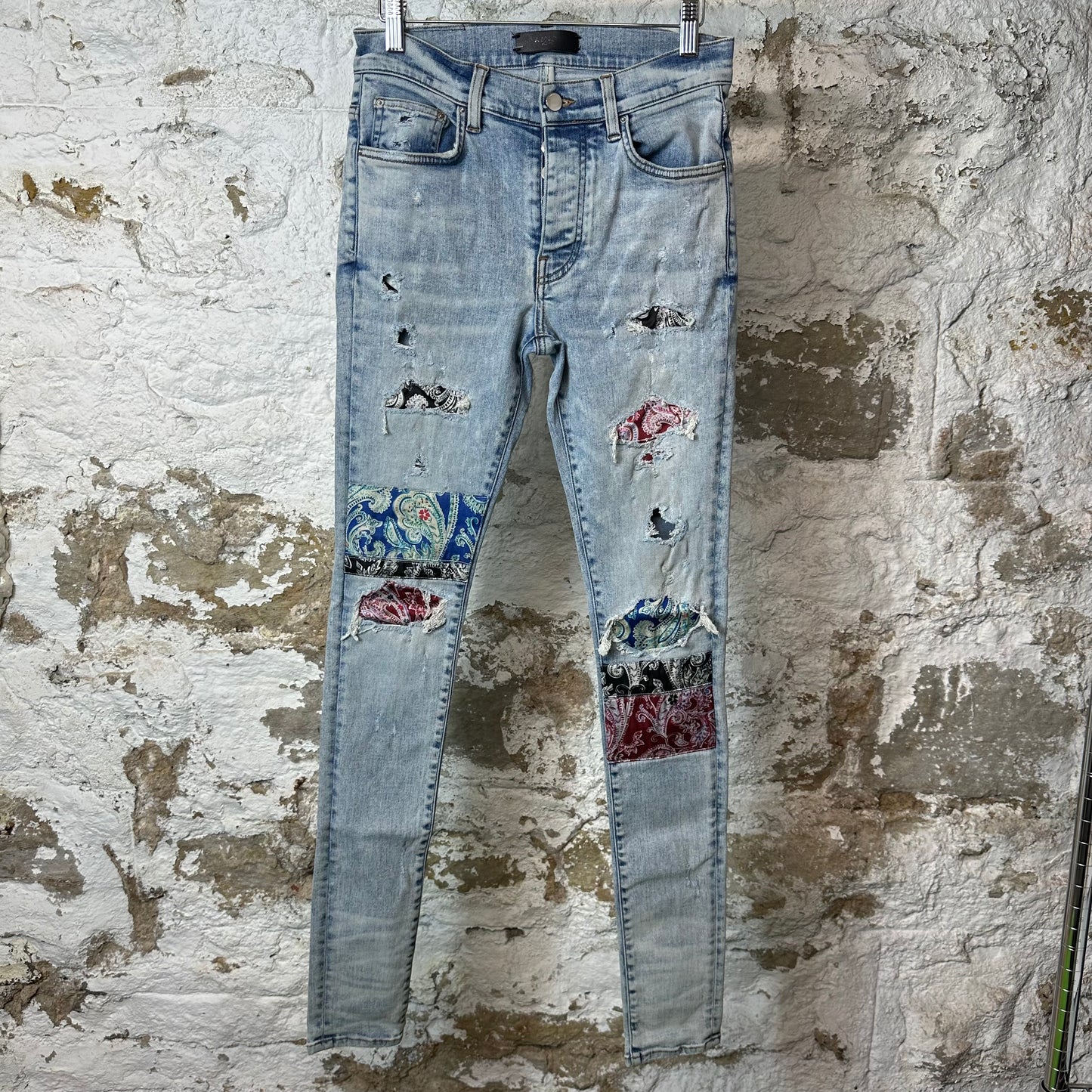 Amiri Multicolor Paisley Patches Washed Blue Denim Jeans Sz 29
