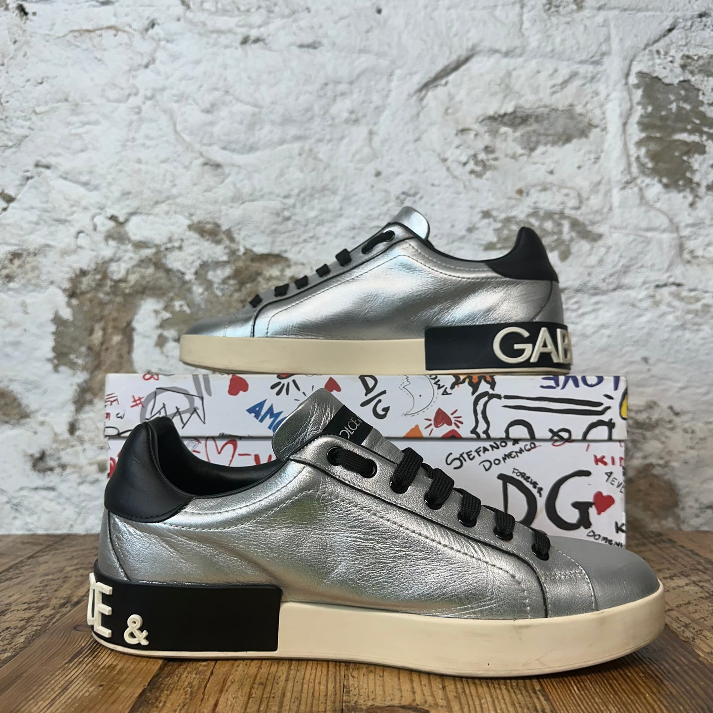 Dolce Gabanna Silver Black Cream Portofino Sneaker Sz 8.5
