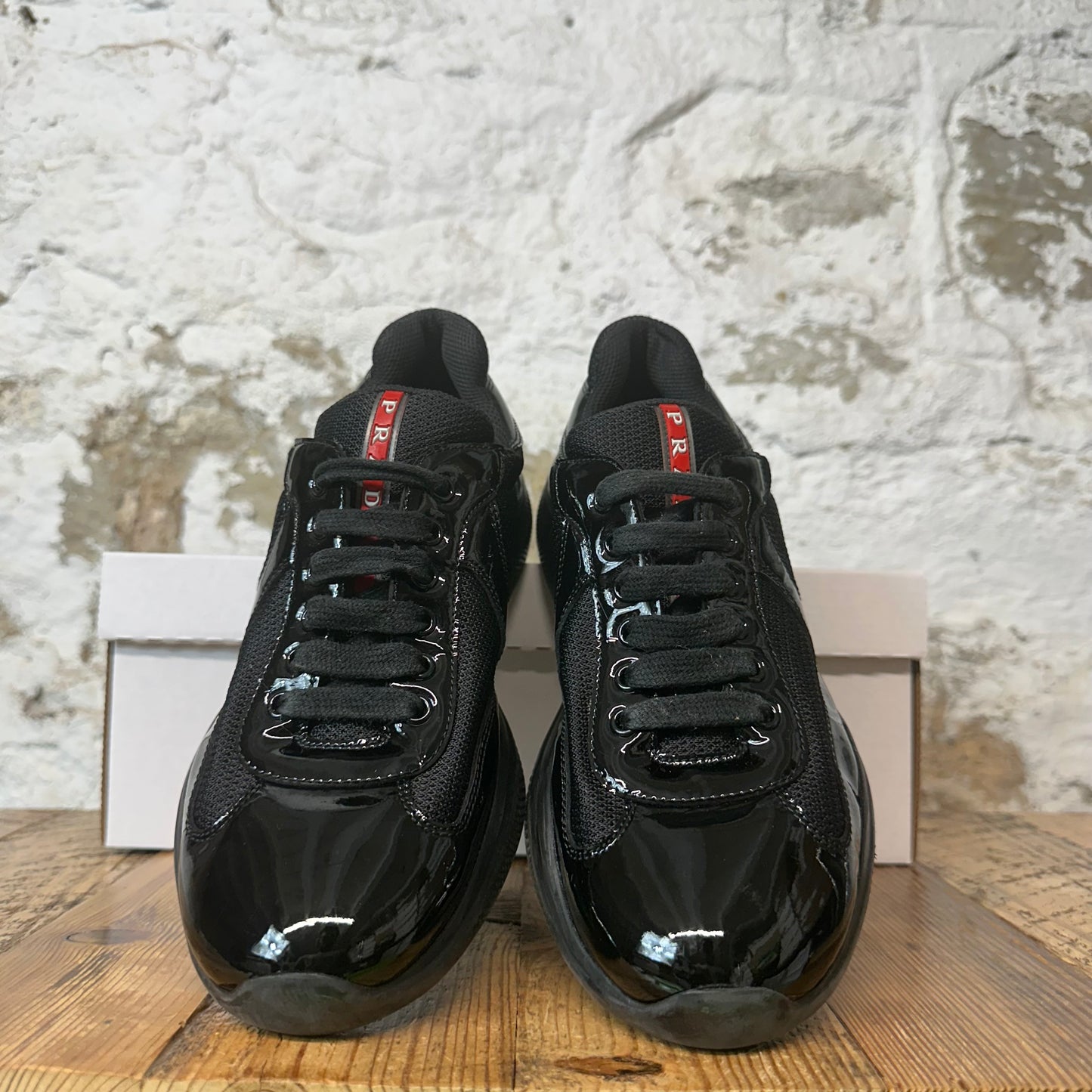 Prada Americas Cup Triple Black Patent Sneaker Sz 5