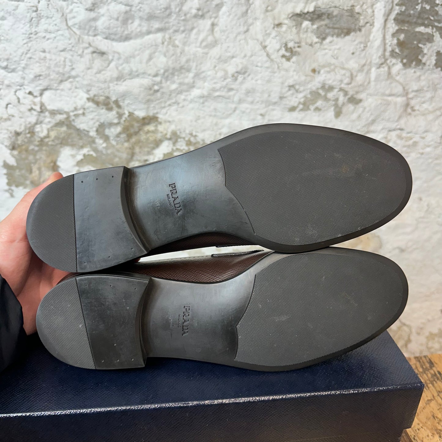 Prada Brown Navy Slip On Loafers Sz 10