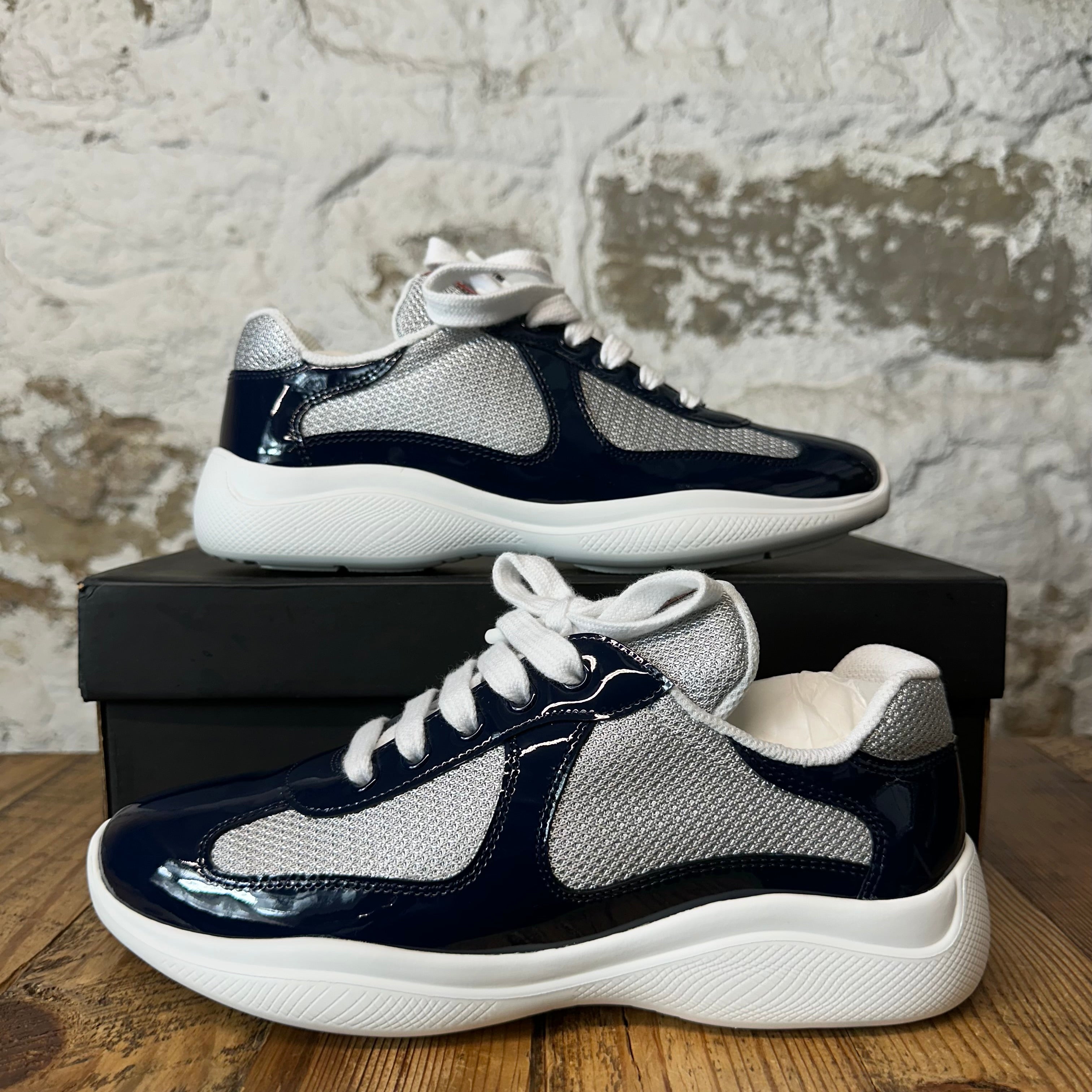 Prada Americas Cup Navy Patent Grey White Sneaker Sz 5.5 (37.5)
