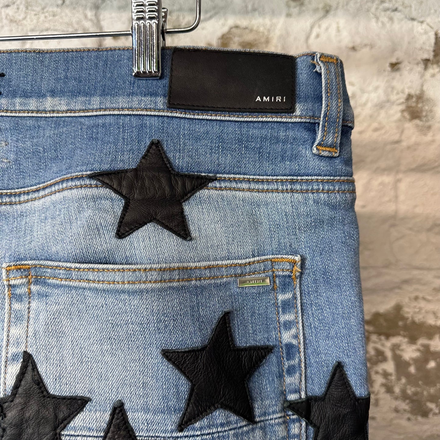 Amiri Black Leather Star Chemist Blue Denim Jeans Sz 38