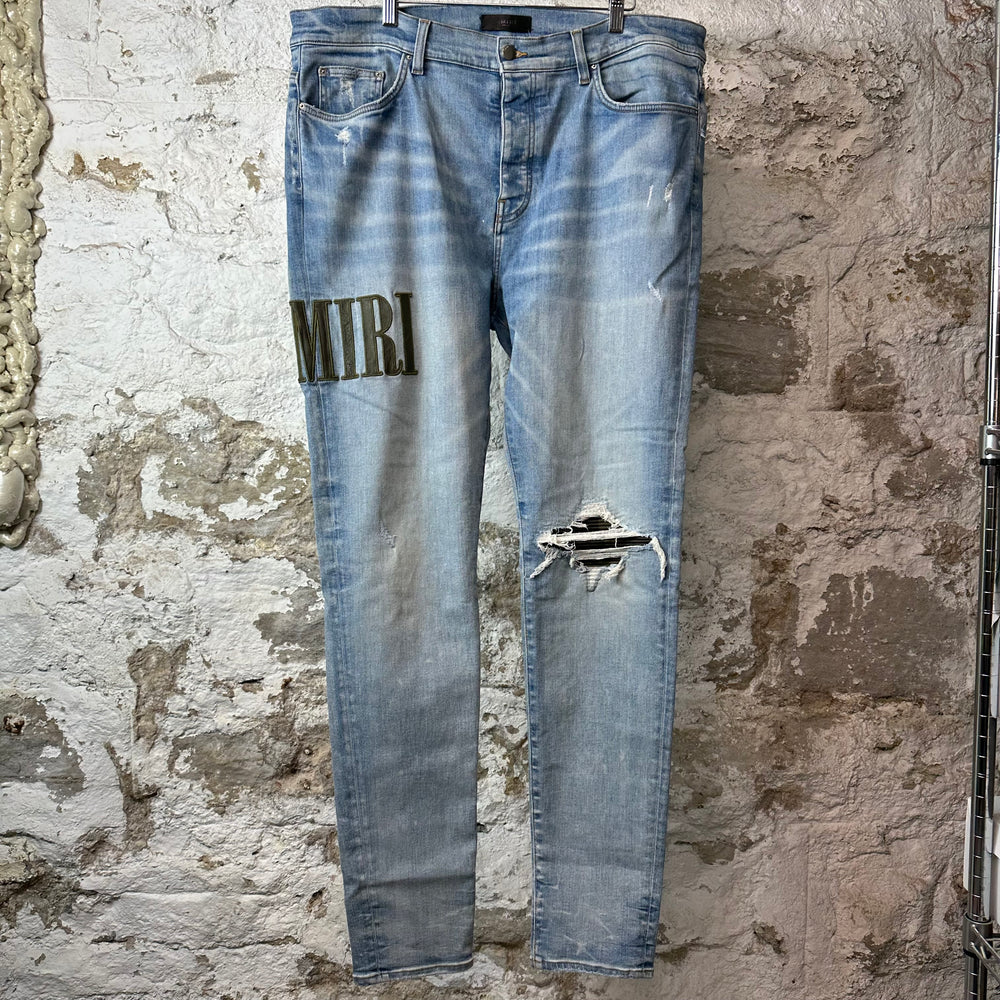 Amiri MX1 Camo Spell Blue Denim Jeans Sz 40