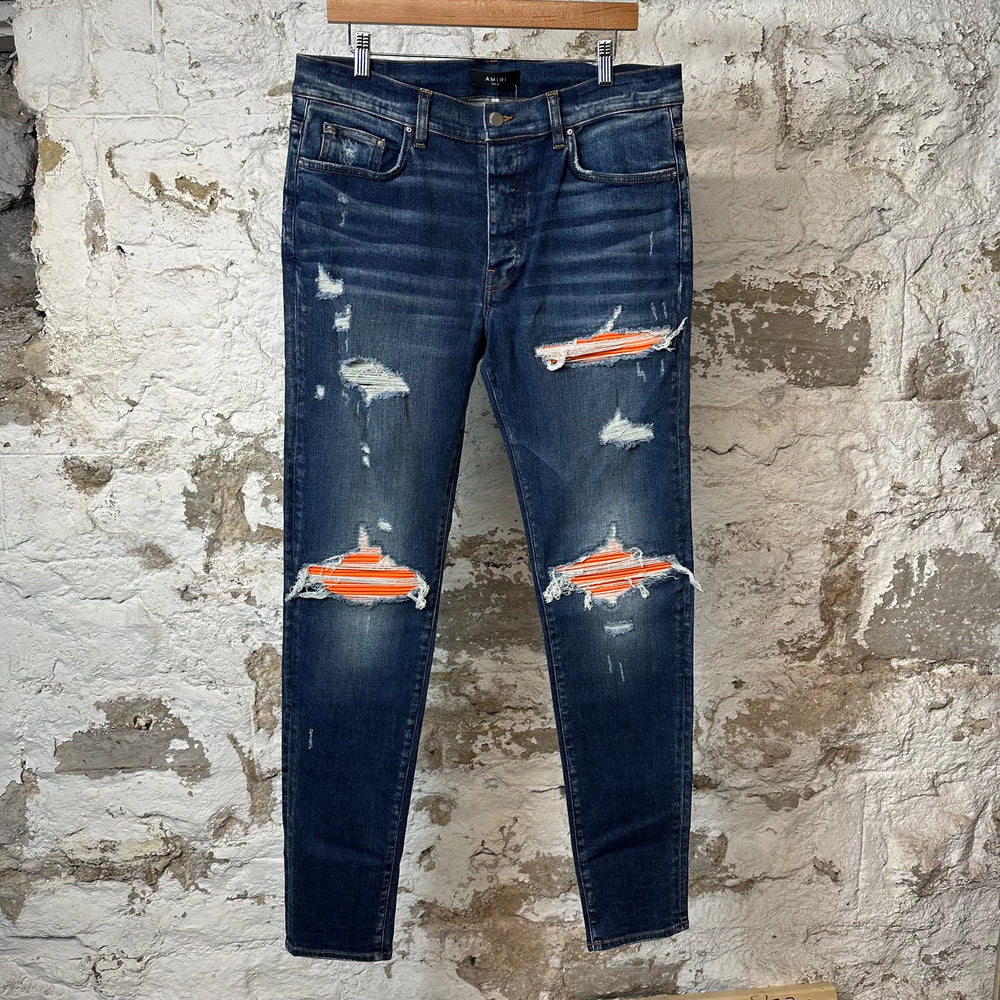 Amiri MX1 Orange Suede Dark Blue Denim Jean Sz 36