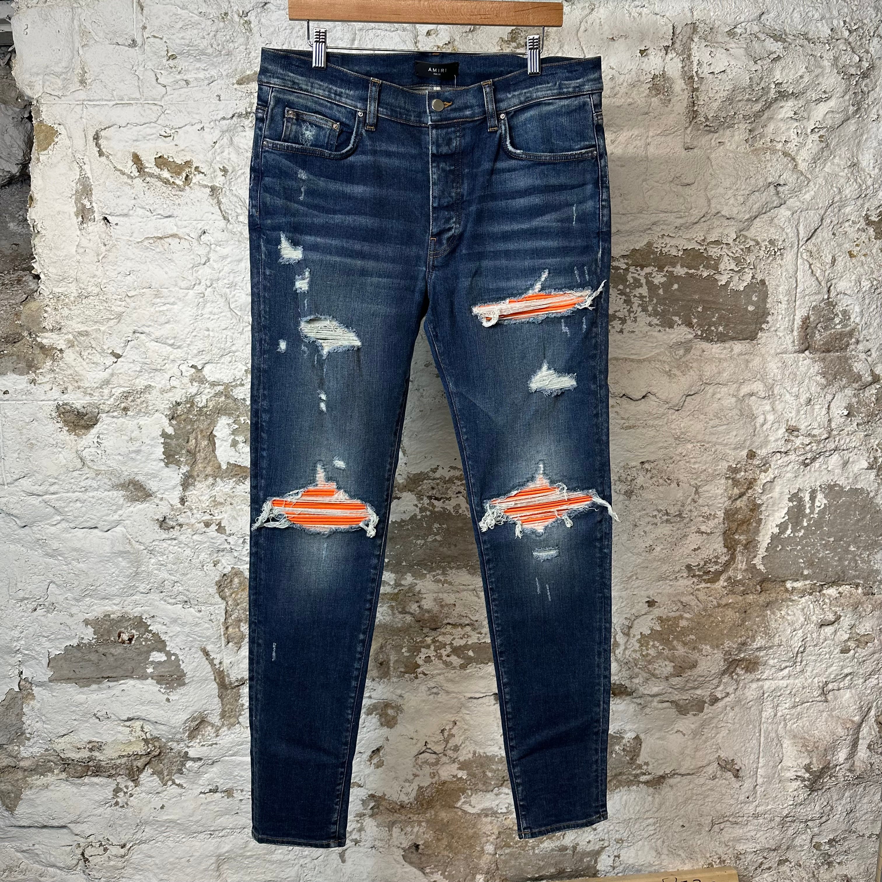Amiri MX1 Orange Suede Dark Blue Denim Jean Sz 36