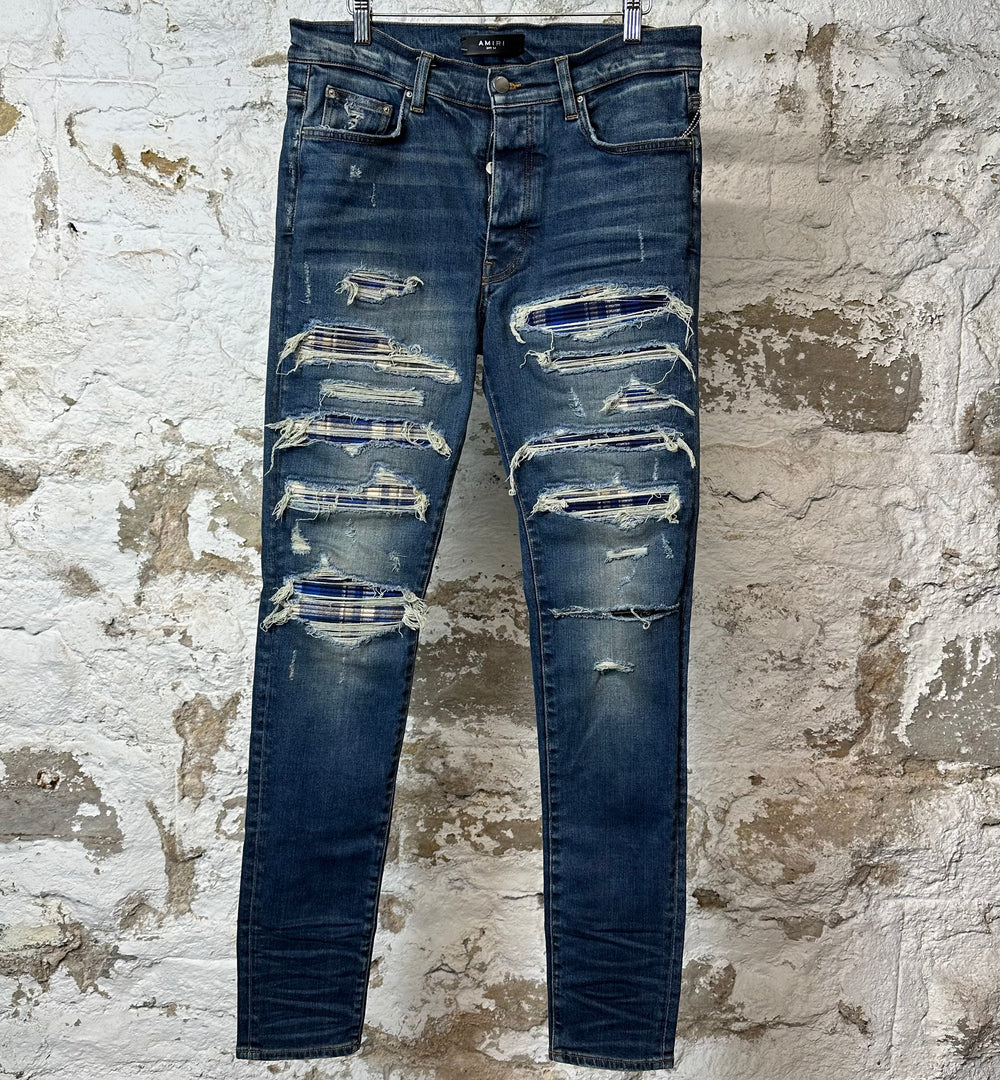Amiri MX1 Blue Plaid Dark Blue Denim Jeans Sz 34