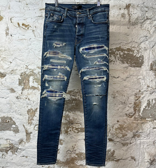 Amiri MX1 Blue Plaid Dark Blue Denim Jeans Sz 34