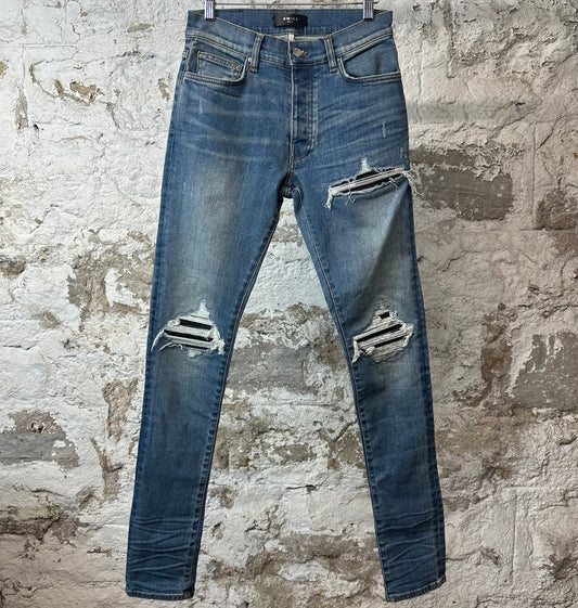 Amiri MX1 Black Leather Blue Denim Jeans Sz 28