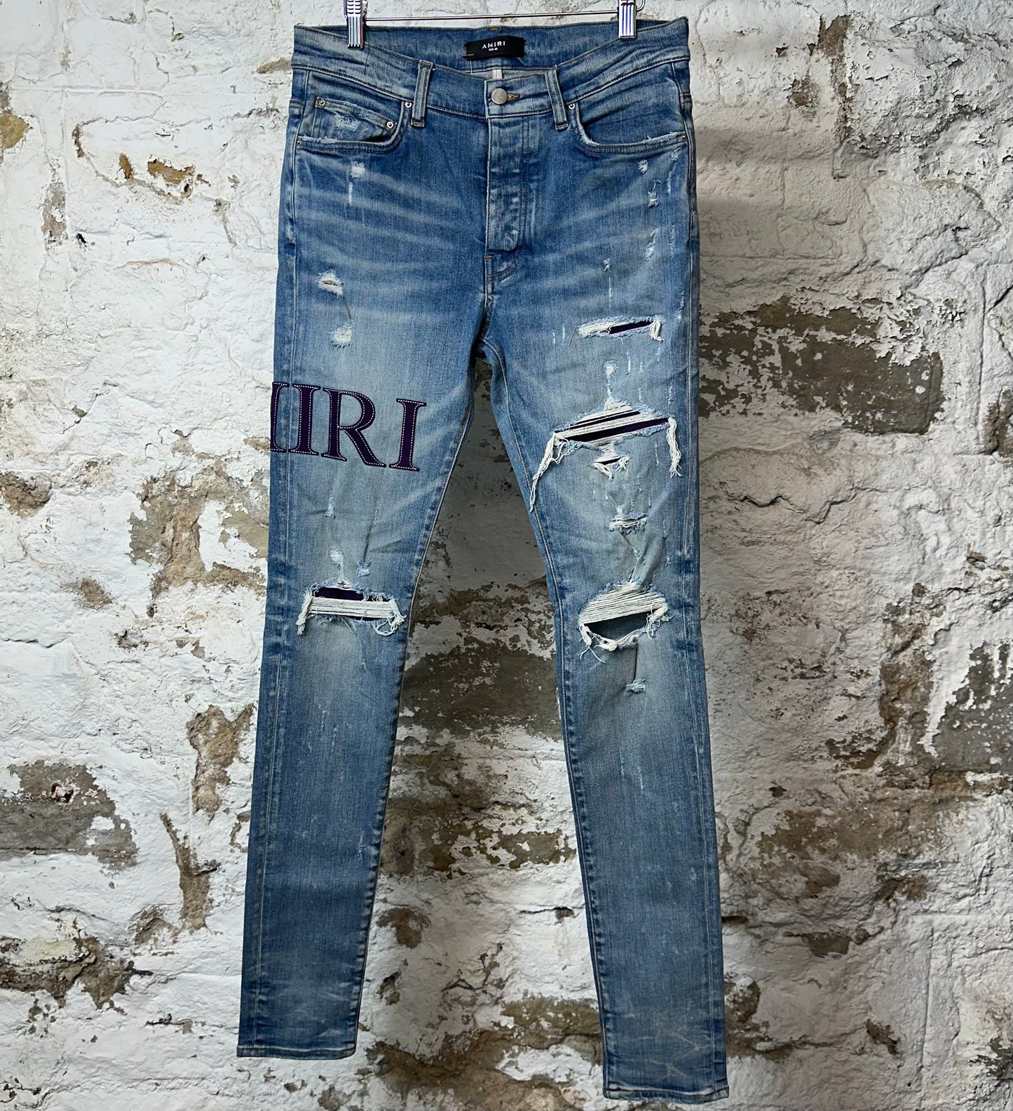 Amiri Purple Suede Spell Blue Denim Jeans Sz 32