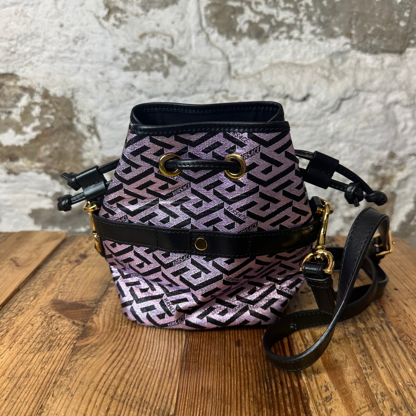 Versace La Greca Coated Canvas Mini Bucket Bag