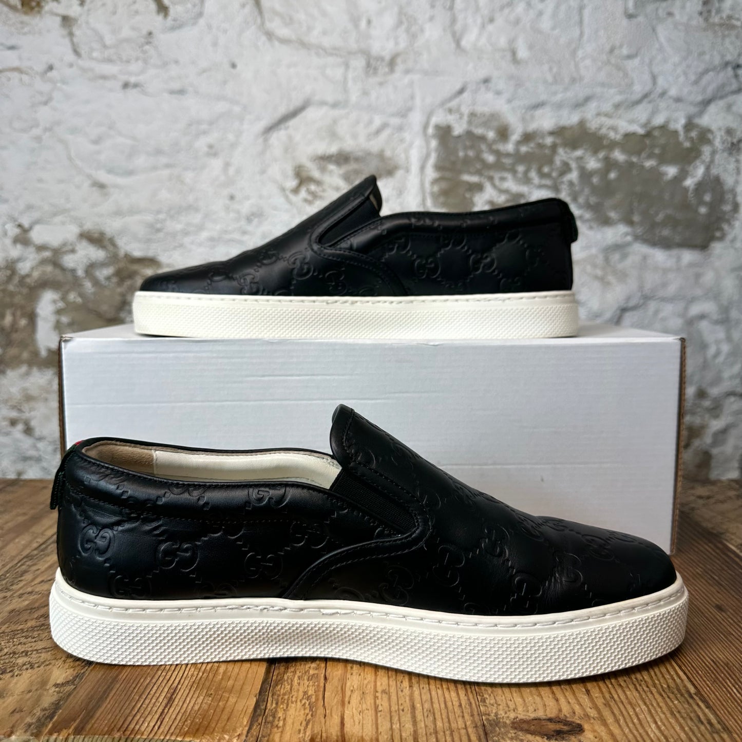 Gucci Black GG Embossed Monogram Slip On White Sneaker Sz 7.5