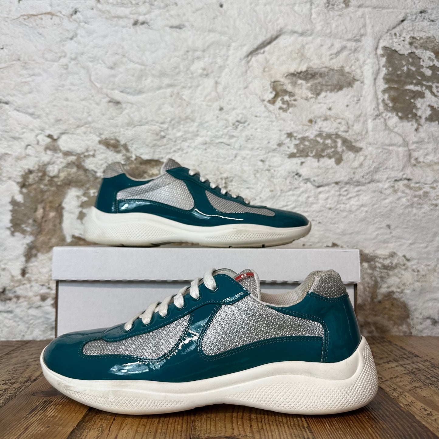 Prada Americas Cup Teal Green Patent Sneaker Sz 7
