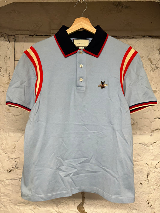 Gucci Bee Shoulder Stripe Light Blue Polo Sz XL