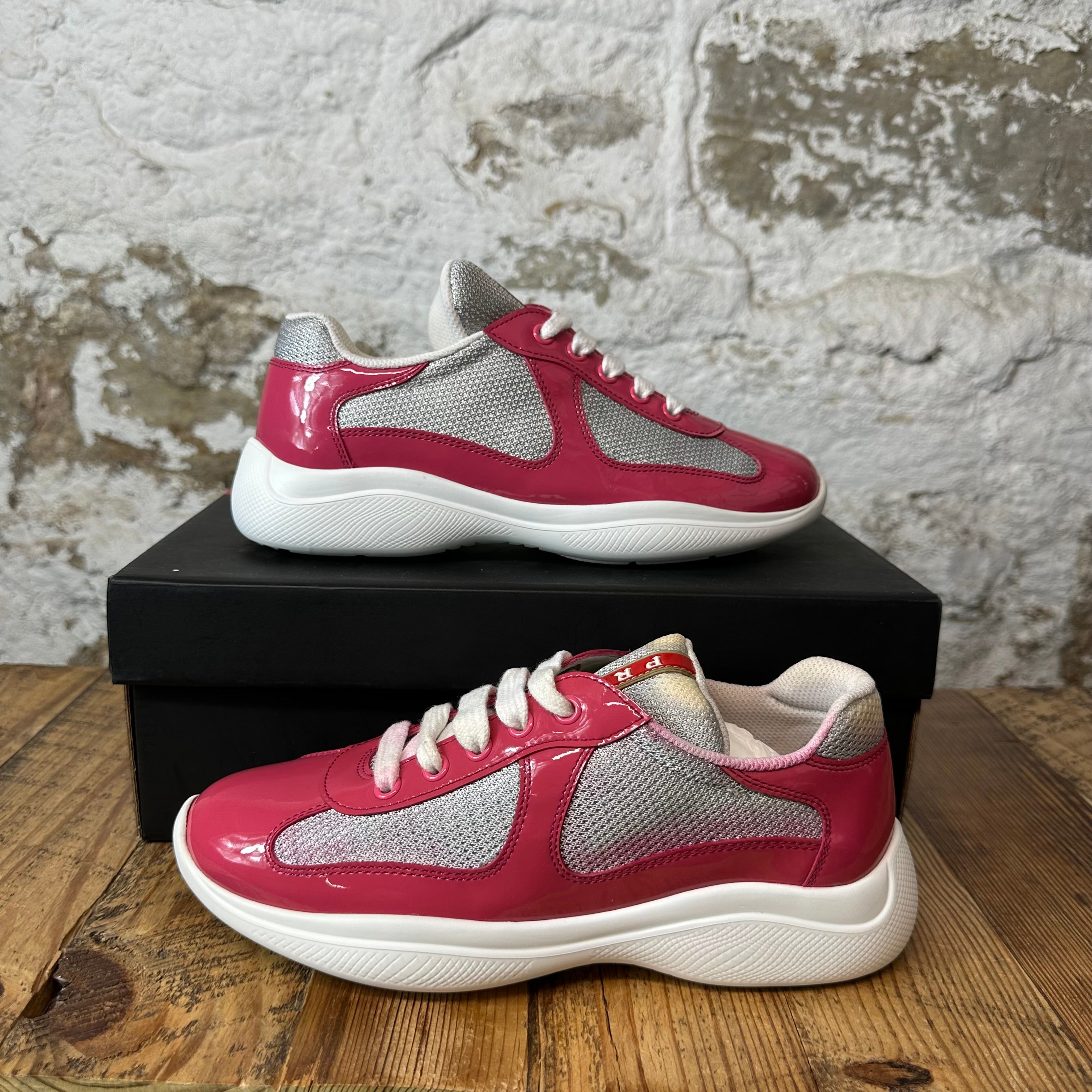 Prada Americas Cup Pink Patent Grey White Sneaker Sz 5 (37)