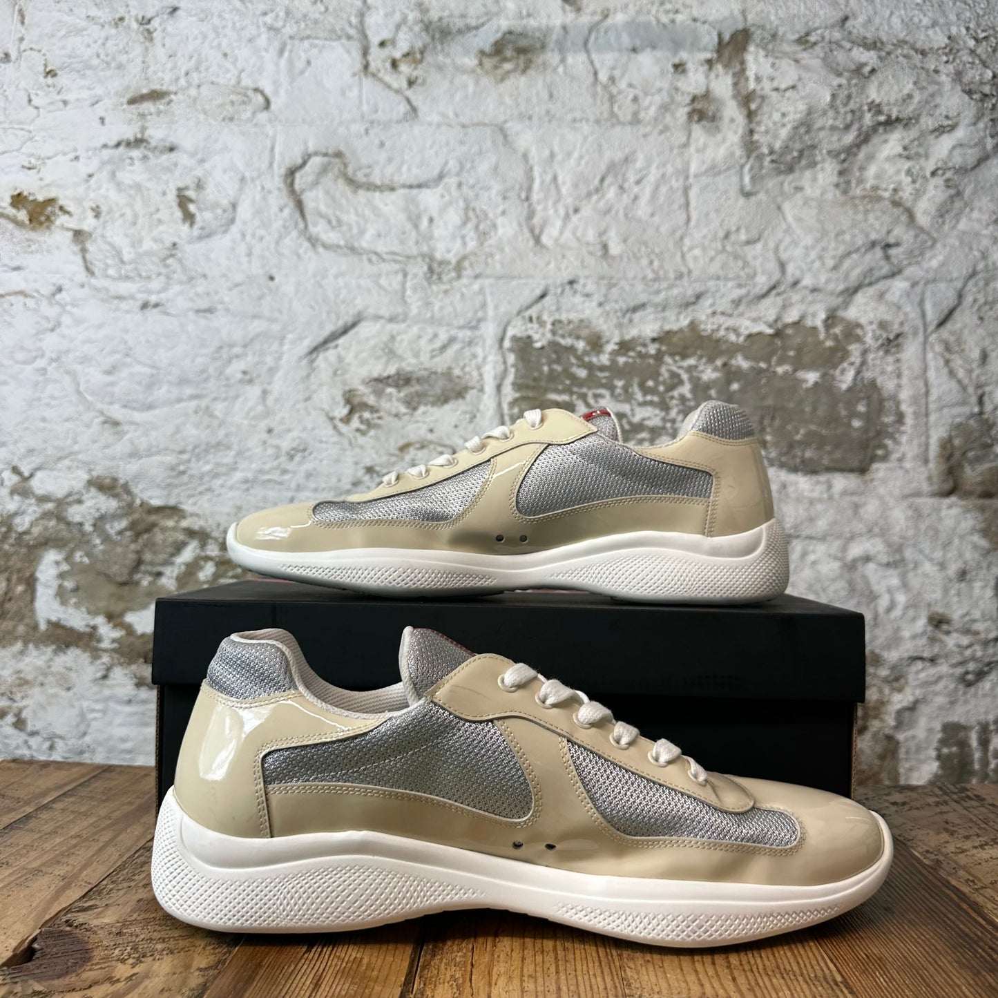 Prada Americas Cup Beige Patent Grey White Sneaker Sz 14