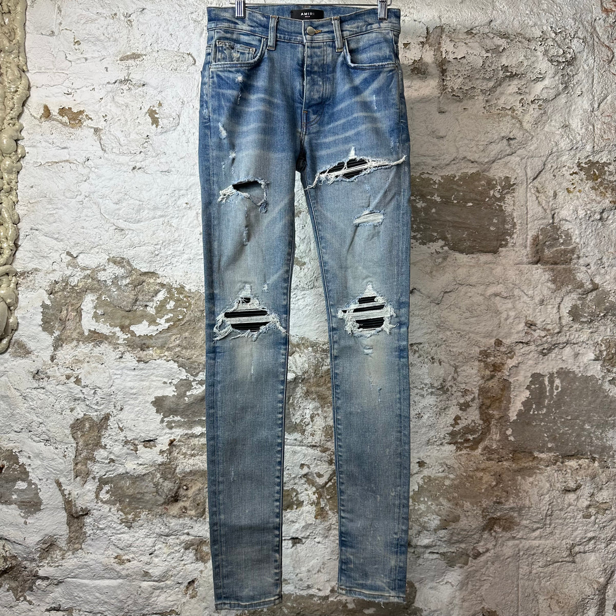 Amiri MX1 Black Leather Blue Denim Jeans Sz 29