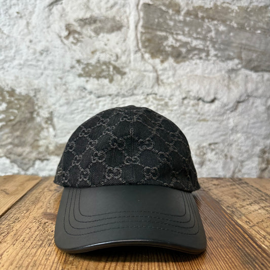 Gucci Black GG Monogram Denim Leather Hat Sz XL