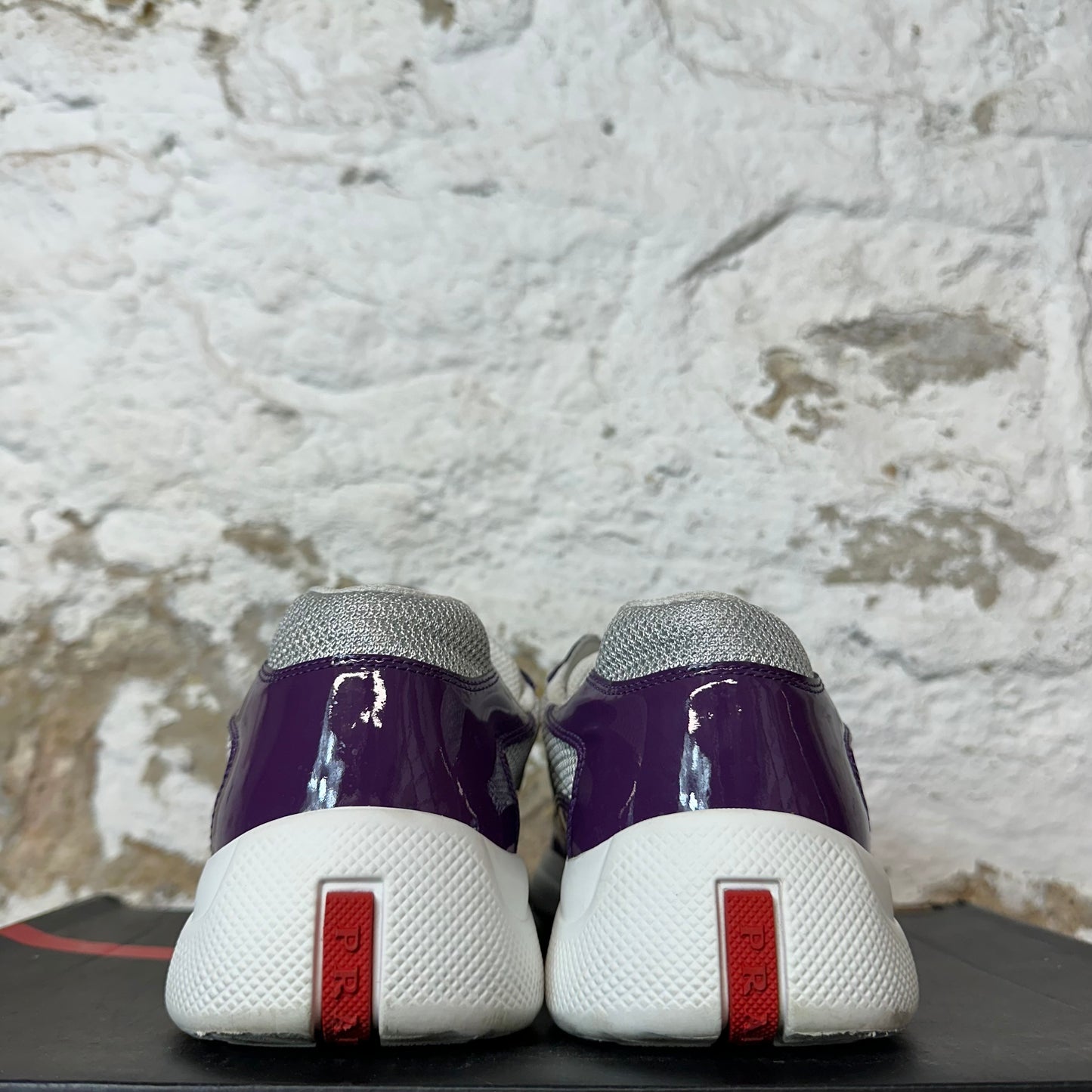 Prada Americas Cup Ciclamino Patent Grey White Sneaker Sz 7