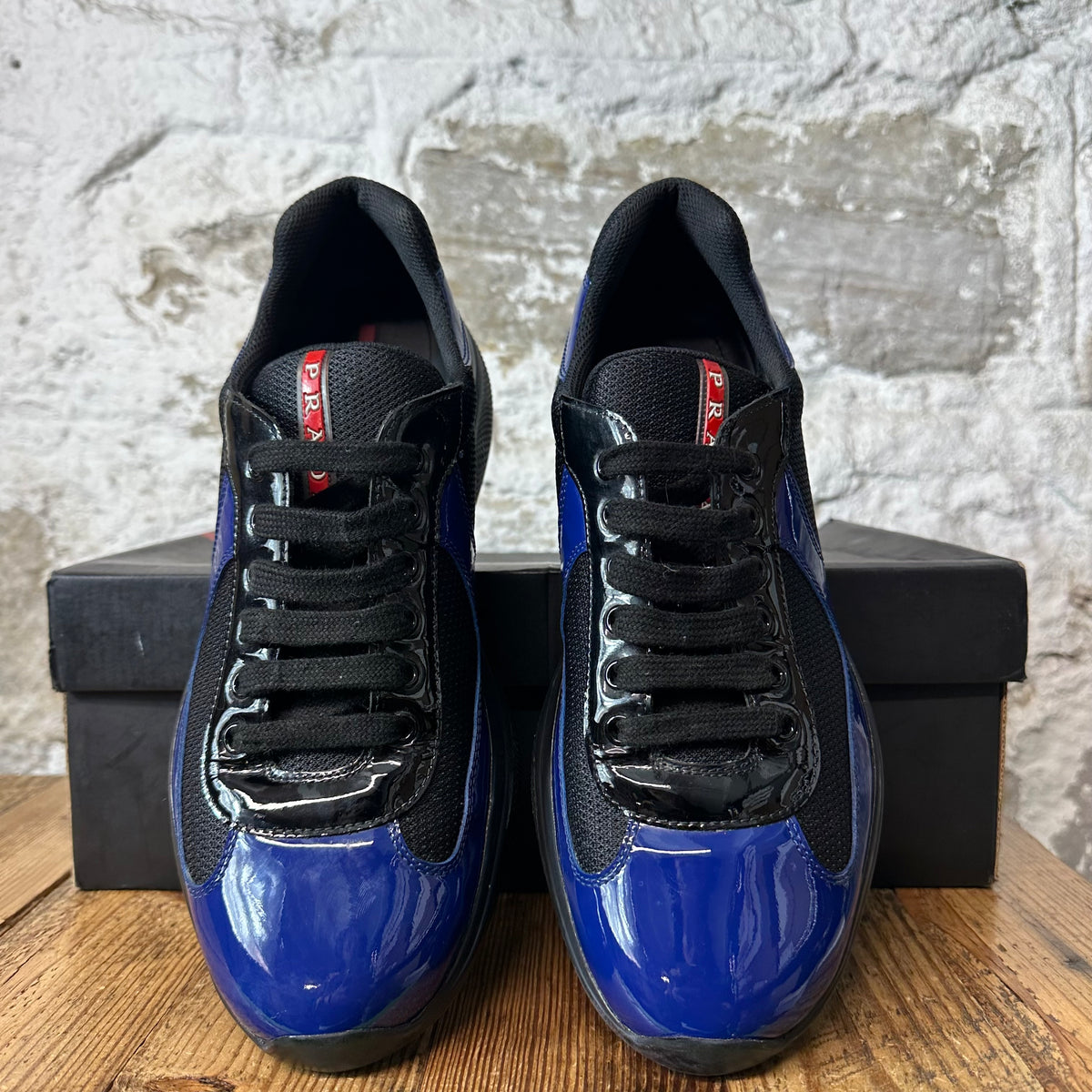 Prada Americas Cup Royal Blue Patent Black Sneaker Sz 9.5