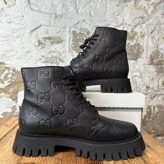 Gucci Black Leather GG Monogram Web Boot Sz 8.5