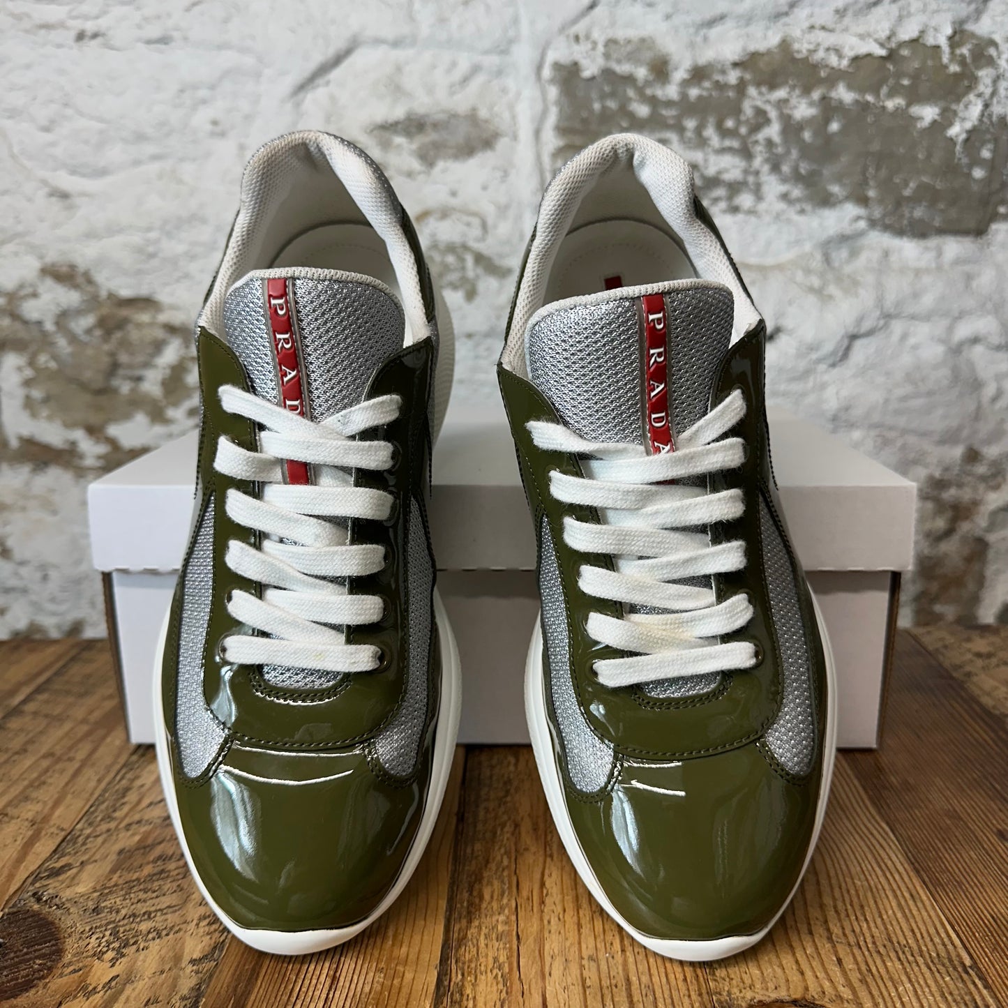 Prada Americas Cup Olive Patent Grey White Sneaker Sz 9