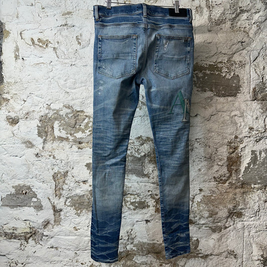 Amiri Vintage Stagger Logo Blue Denim Jeans Sz 32